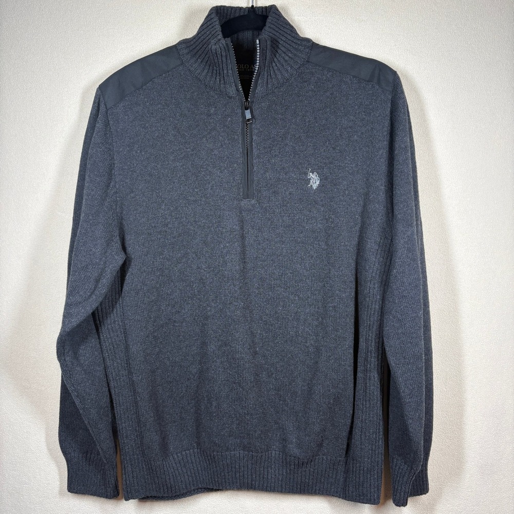 US Polo Assn Mens Quarter Zip Sweater Pullover Med Charcoal Grey Academia Preppy